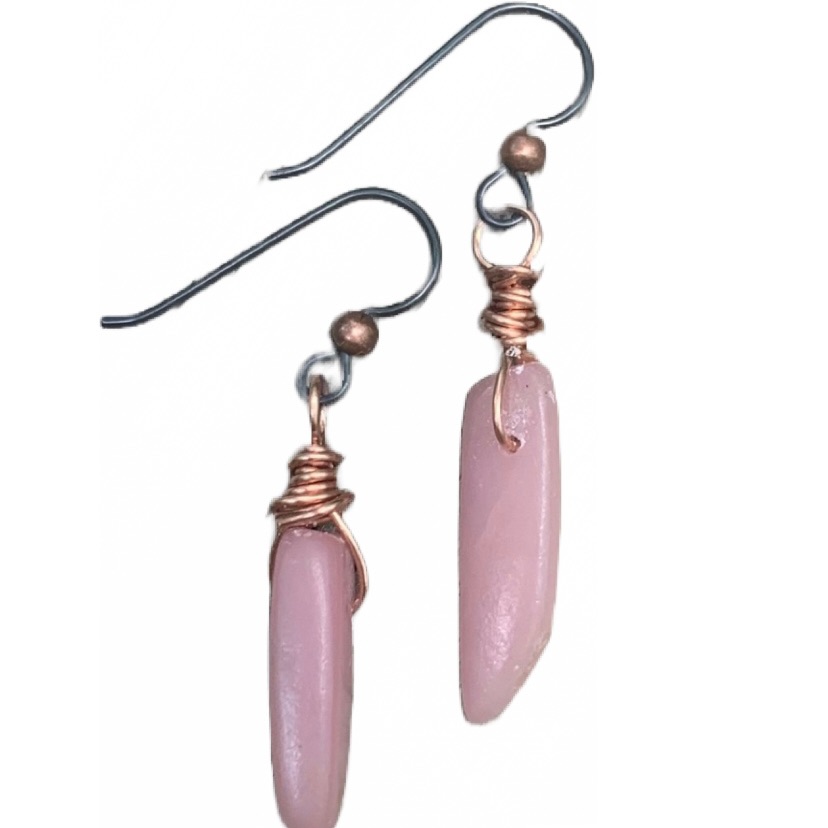 Pink Opal Copper Wrapped. Niobium Ear Wire Earrings